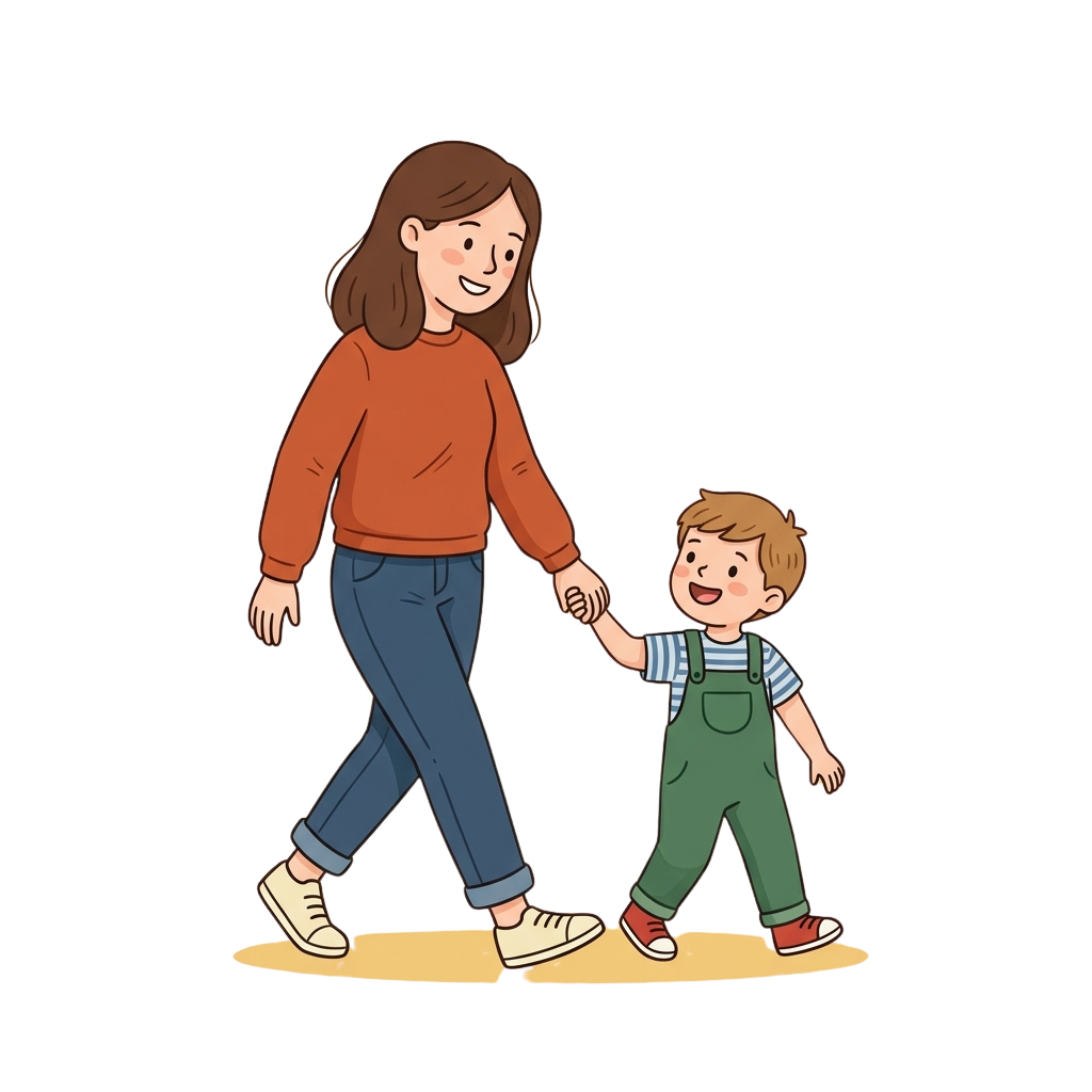 Illustration of an adult and a child holding hands while walking together, smiling happily.