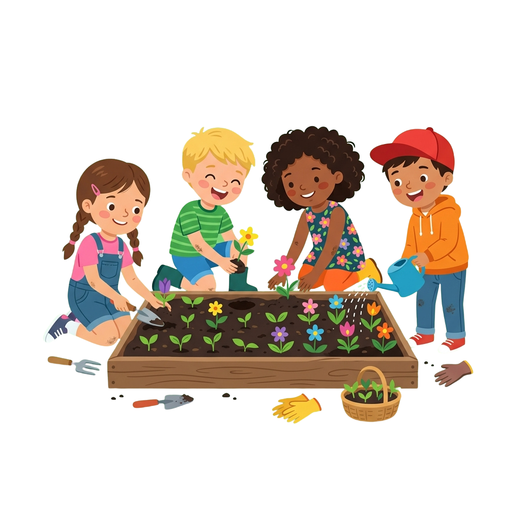 Four smiling children planting colorful flowers in a wooden raised garden bed