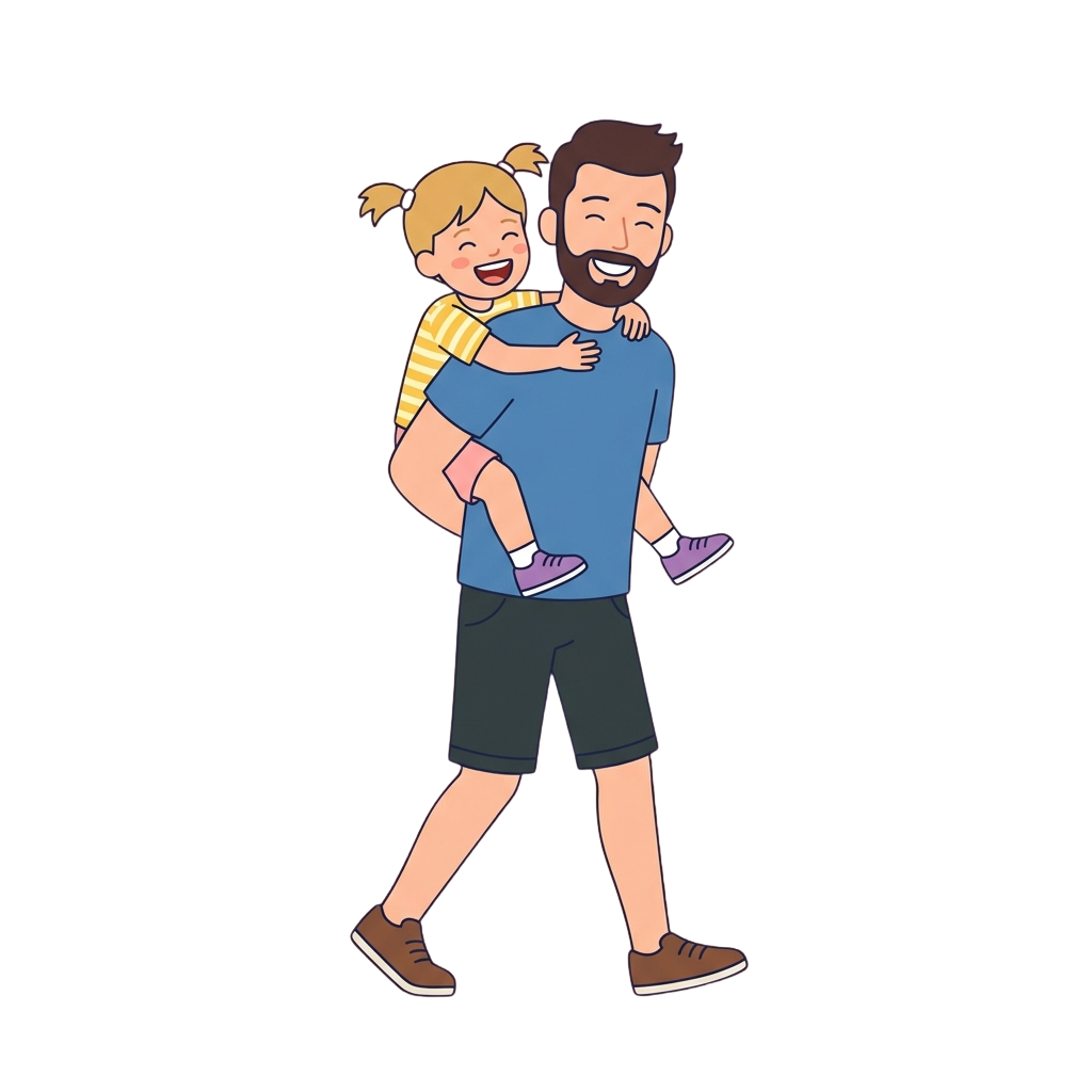 An adult carrying a laughing child, both smiling and enjoying a joyful moment together.