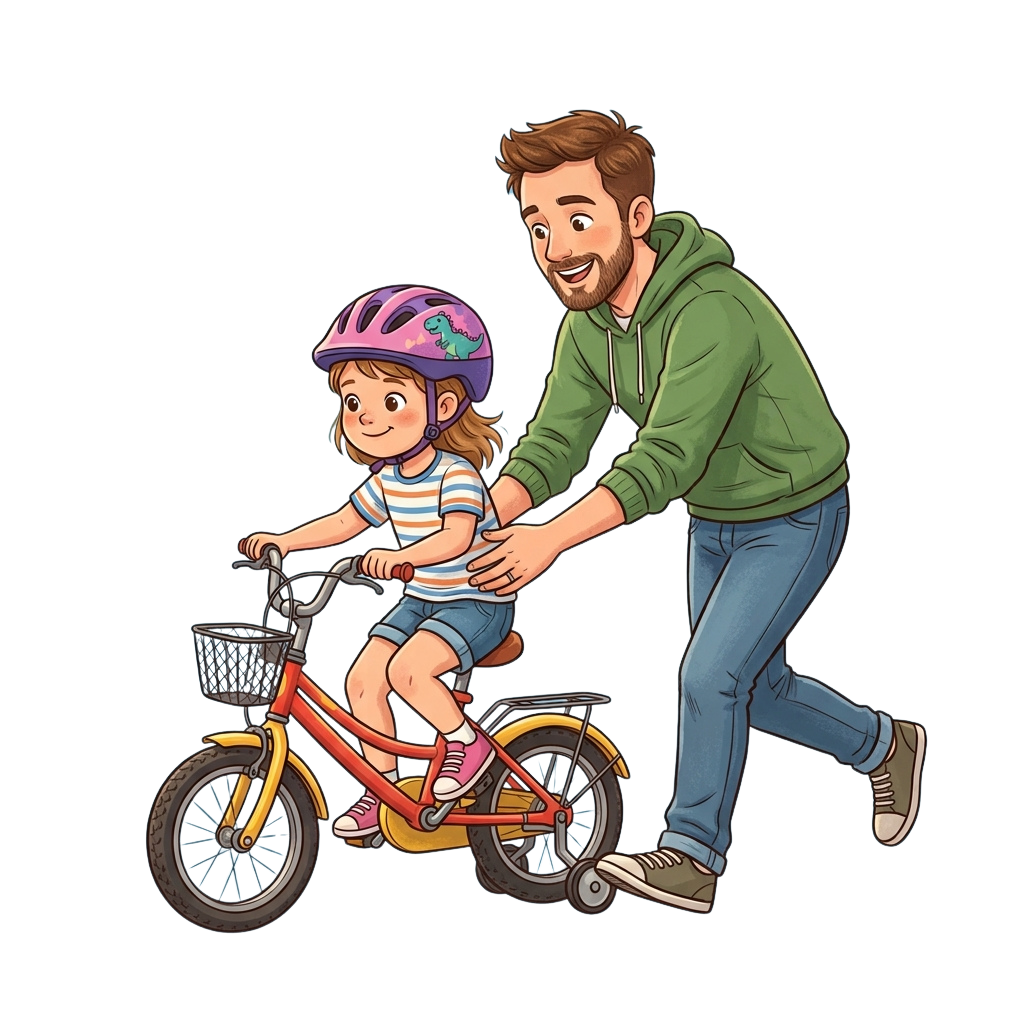 An adult assisting a young child on a bike with training wheels, both smiling happily.