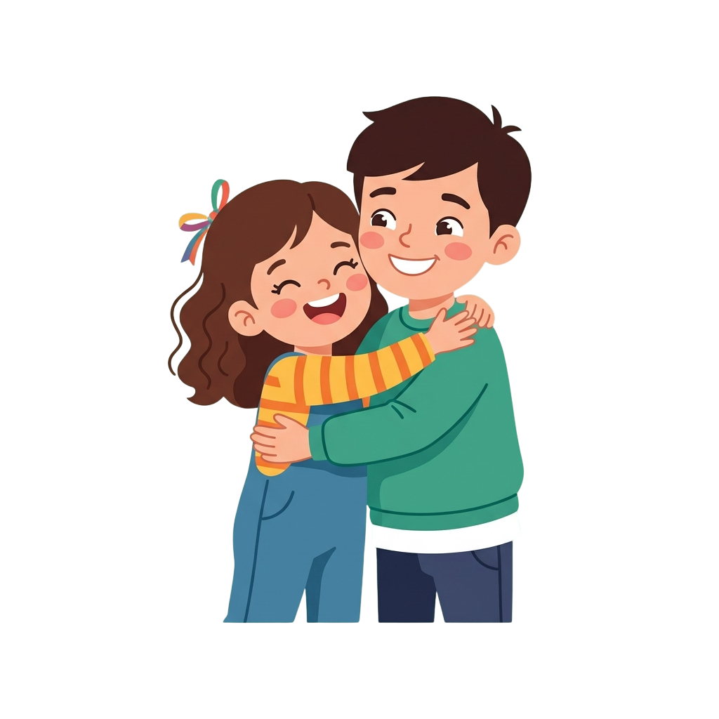 Two smiling children hugging each other with closed eyes, showing happiness and affection.