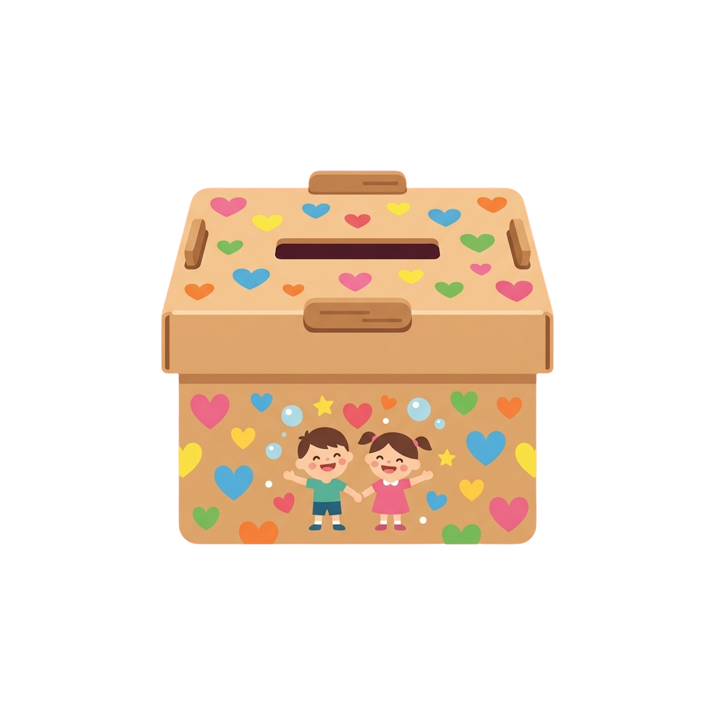 Illustration of a decorative gift box featuring two smiling children and colorful hearts pattern