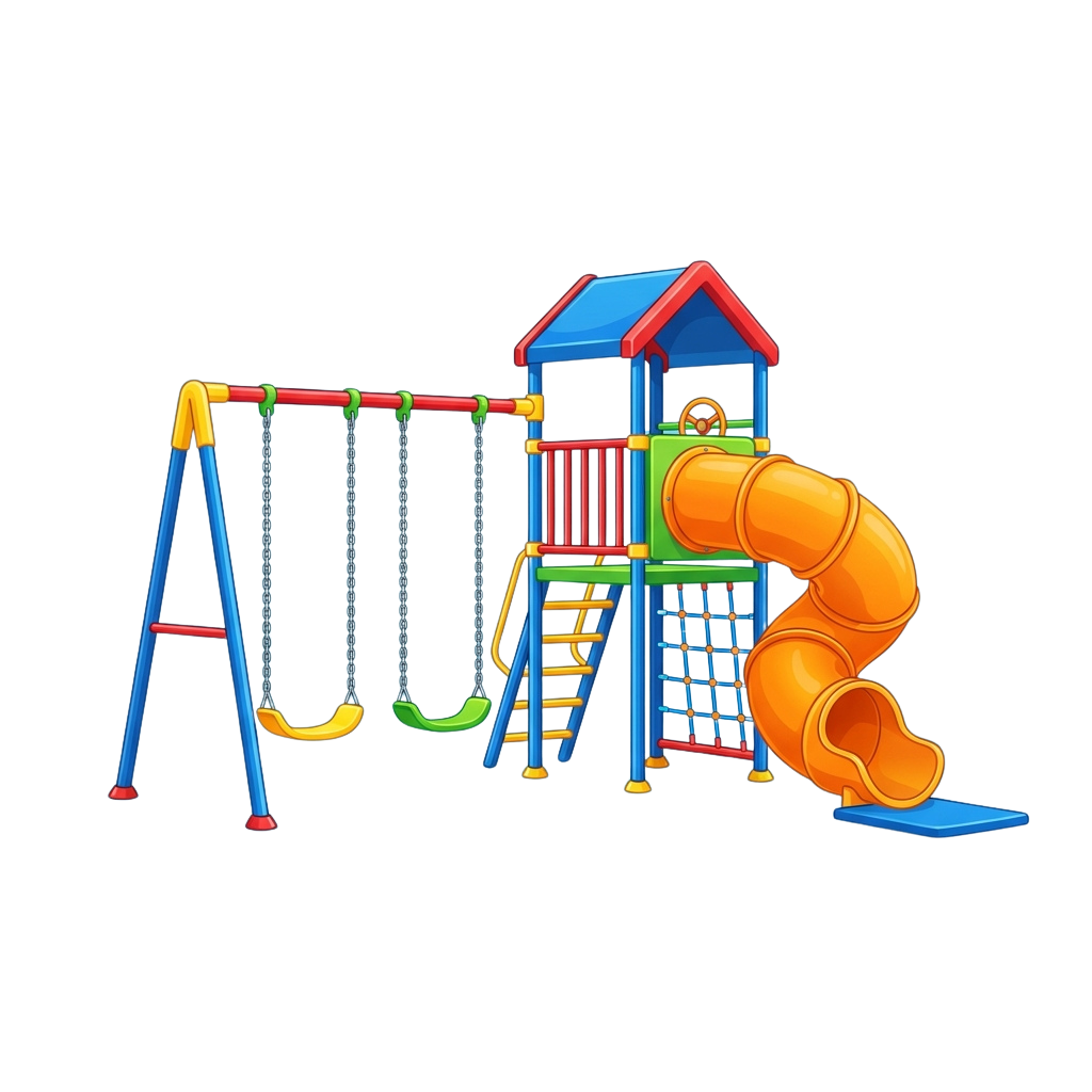 A colorful plastic playground featuring swings, slides, climbing structures, and a tunnel for children