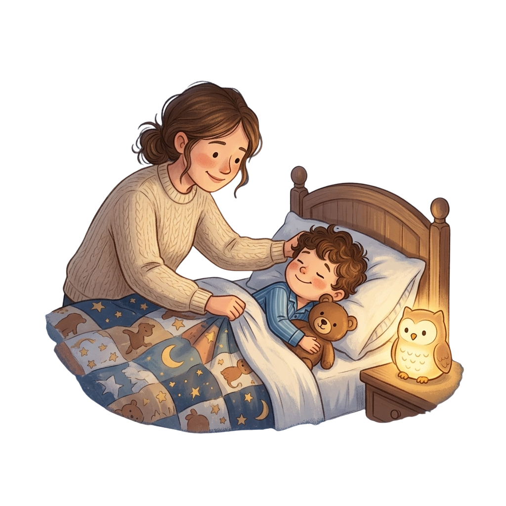 A woman tucks a smiling child into bed with a teddy bear, under starry bedding, next to a glowing owl night light.