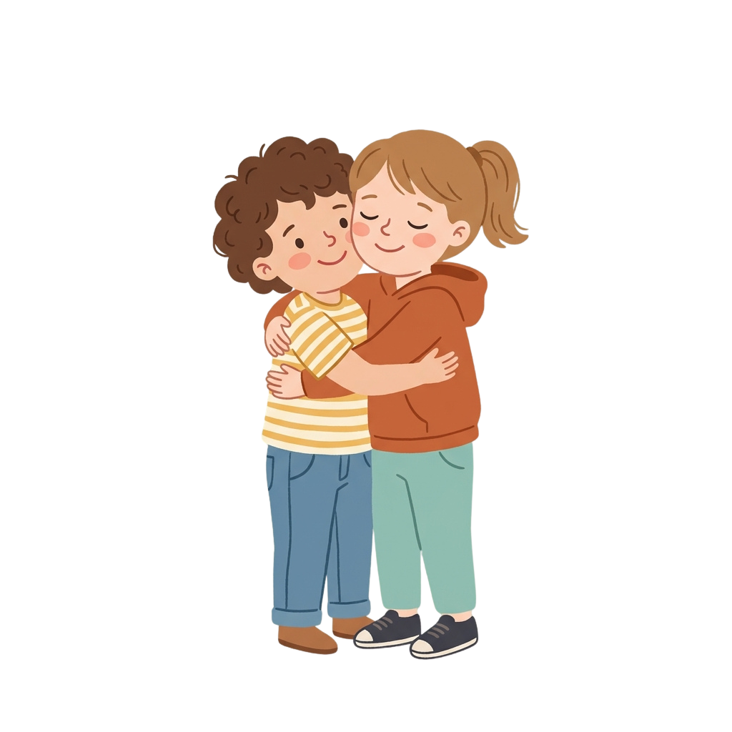 Two children hugging with closed eyes, showing affection and happiness.