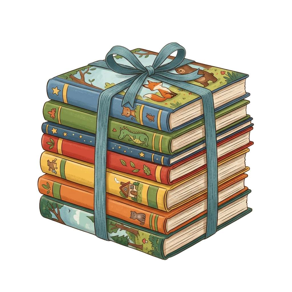 Stack of colorful illustrated children's books tied with a blue ribbon on a black background