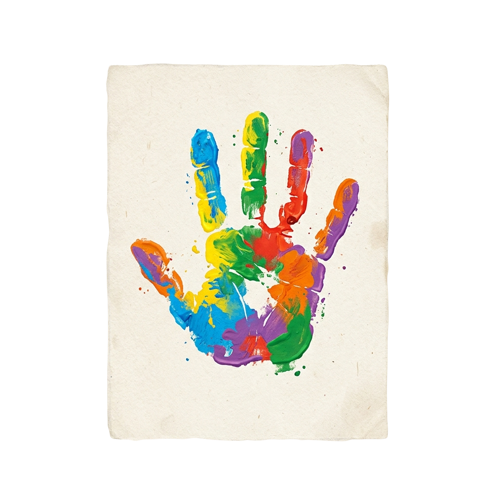 A colorful handprint with fingers in blue, green, yellow, orange, and red paint on a light background.