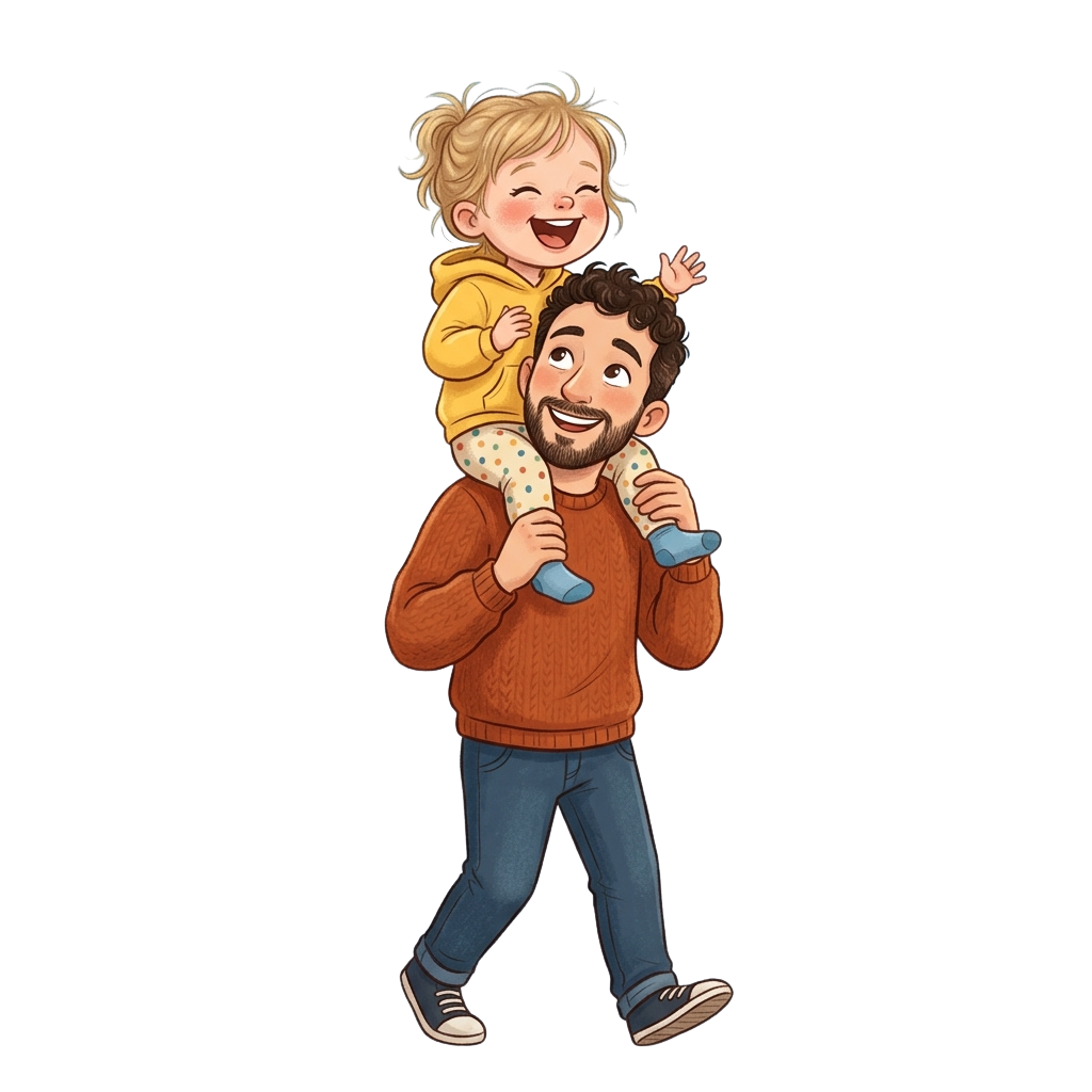 Illustration of a man carrying a laughing child on his shoulders, both smiling happily.