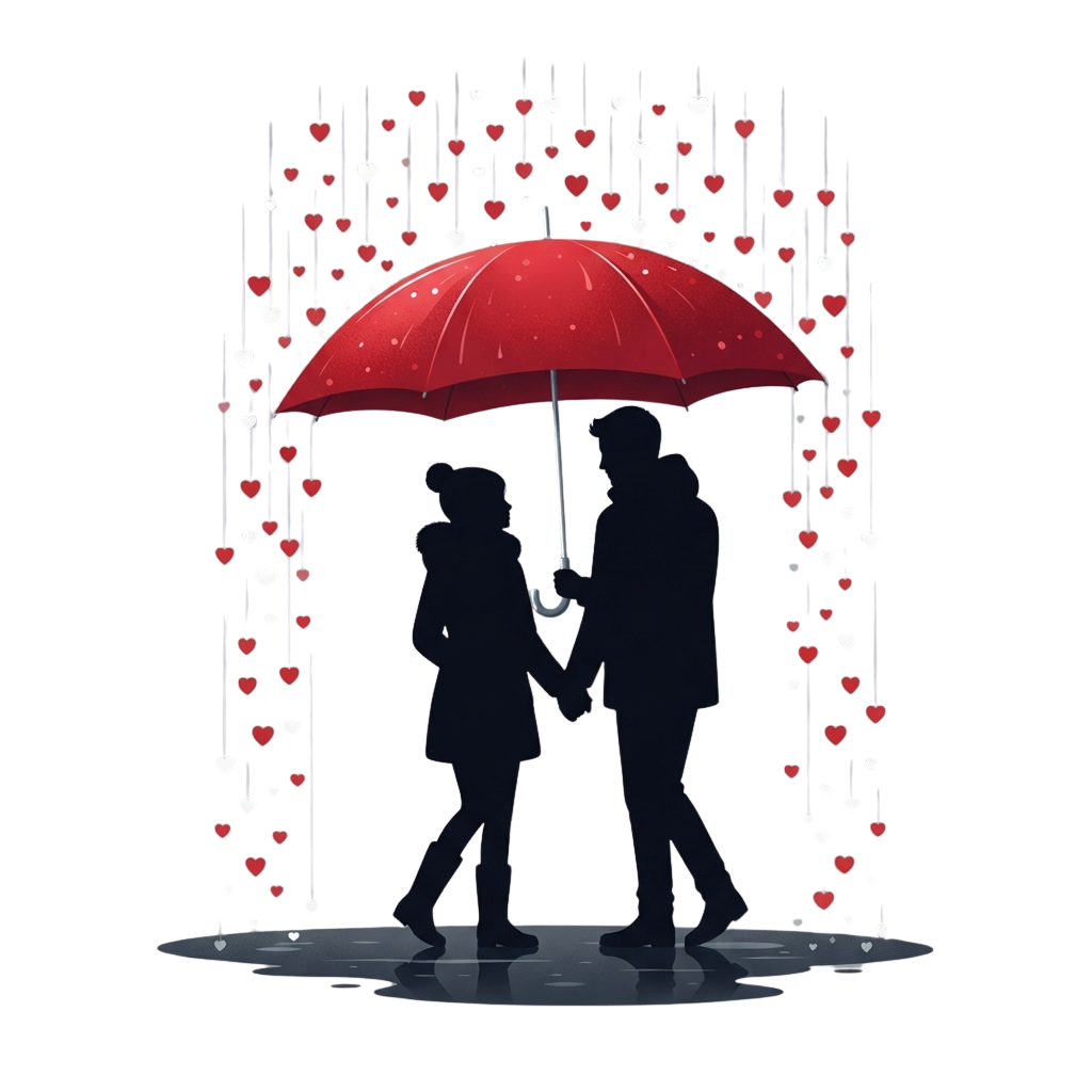 Two silhouetted figures holding a red umbrella under a shower of red and white hearts