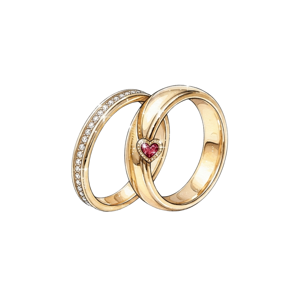 Two gold wedding rings with a heart-shaped ruby and small diamonds on one band.