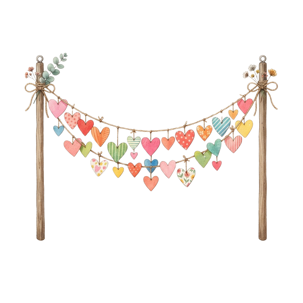 A decorative heart garland hanging between two wooden sticks with bows on top