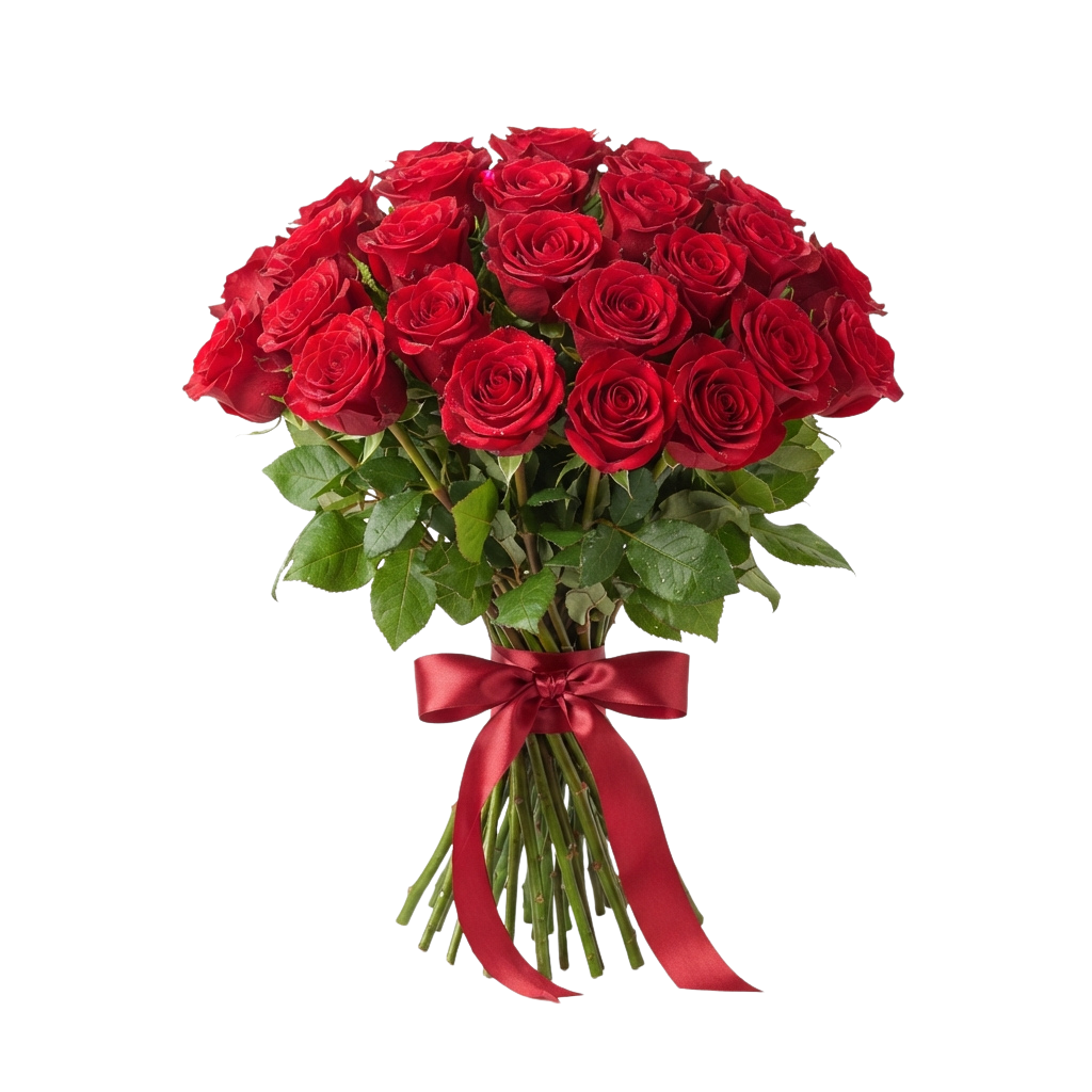 A lush bouquet of red roses tied with a red velvet ribbon