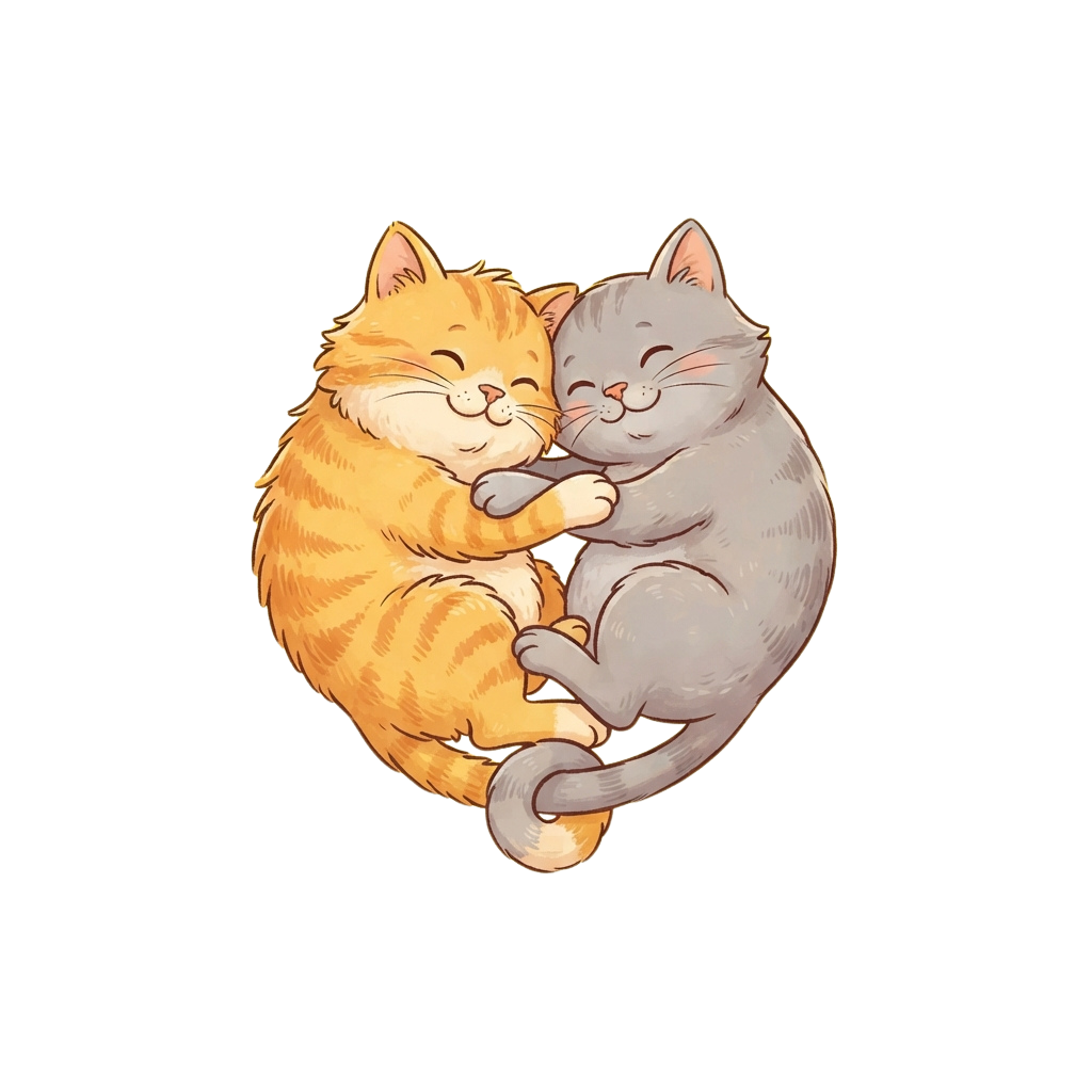 Two cats, one orange and one gray, hugging and cuddling closely together
