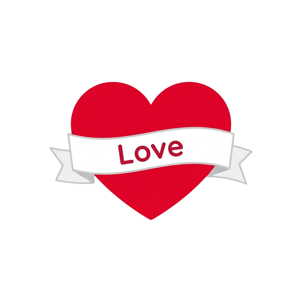 A red heart with a white banner that reads Love
