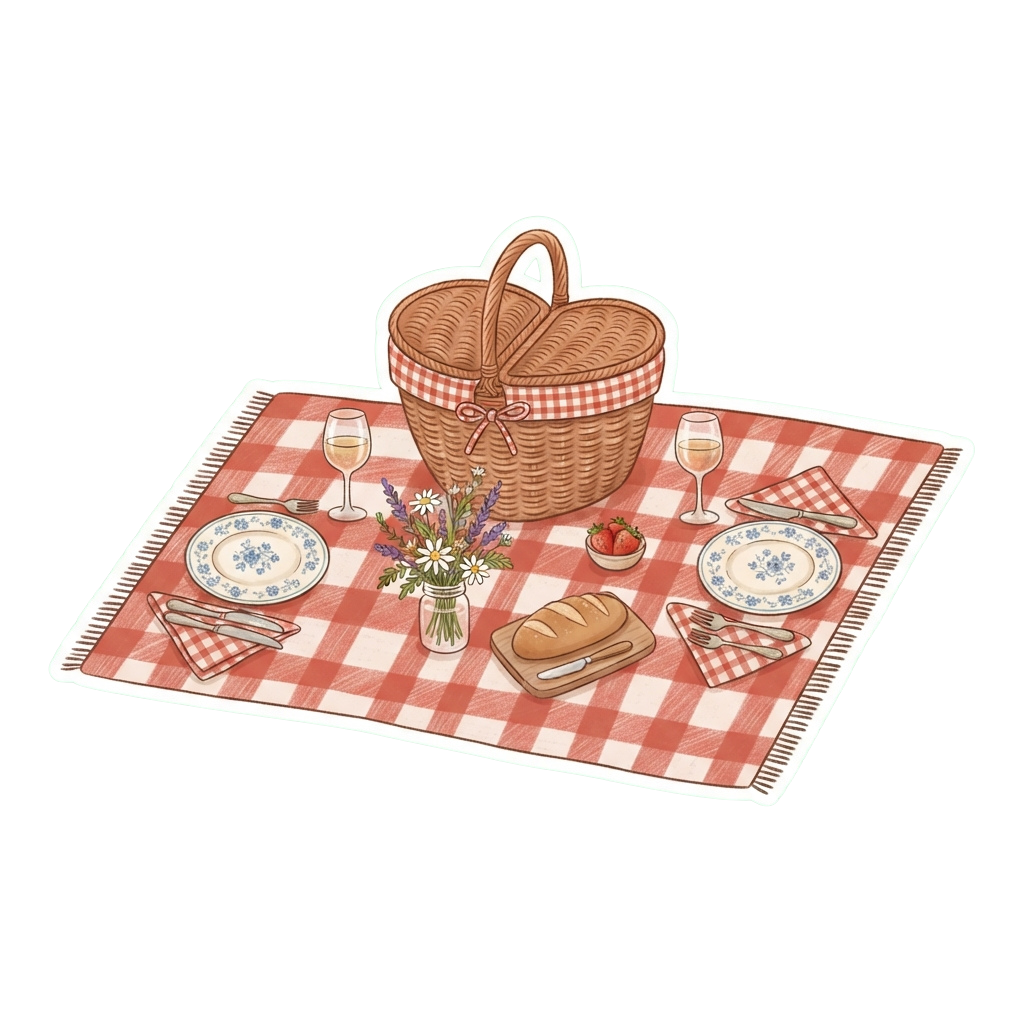 A picnic setup featuring a checkered tablecloth, basket, plates, wine glasses, bread, and flowers