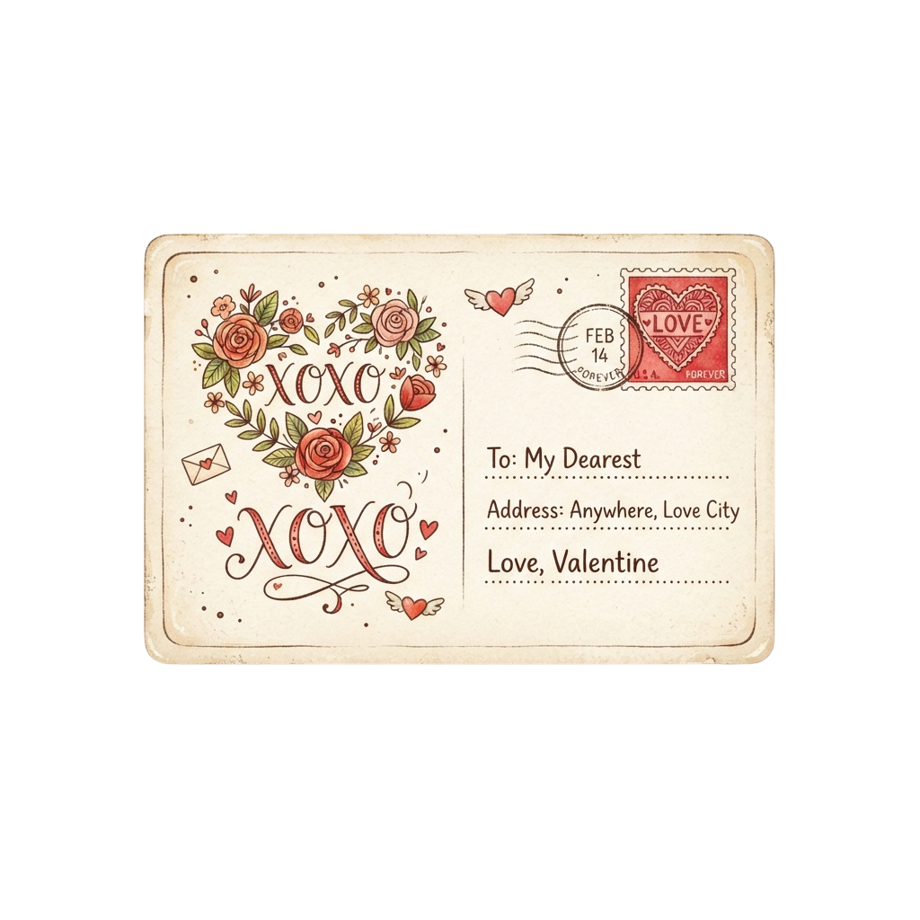 Valentine card featuring XOXO text, roses, hearts, and a love-themed postmark dated February 14