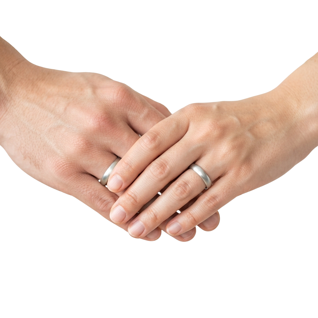 Two hands clasped together, each wearing a plain wedding ring on the ring finger