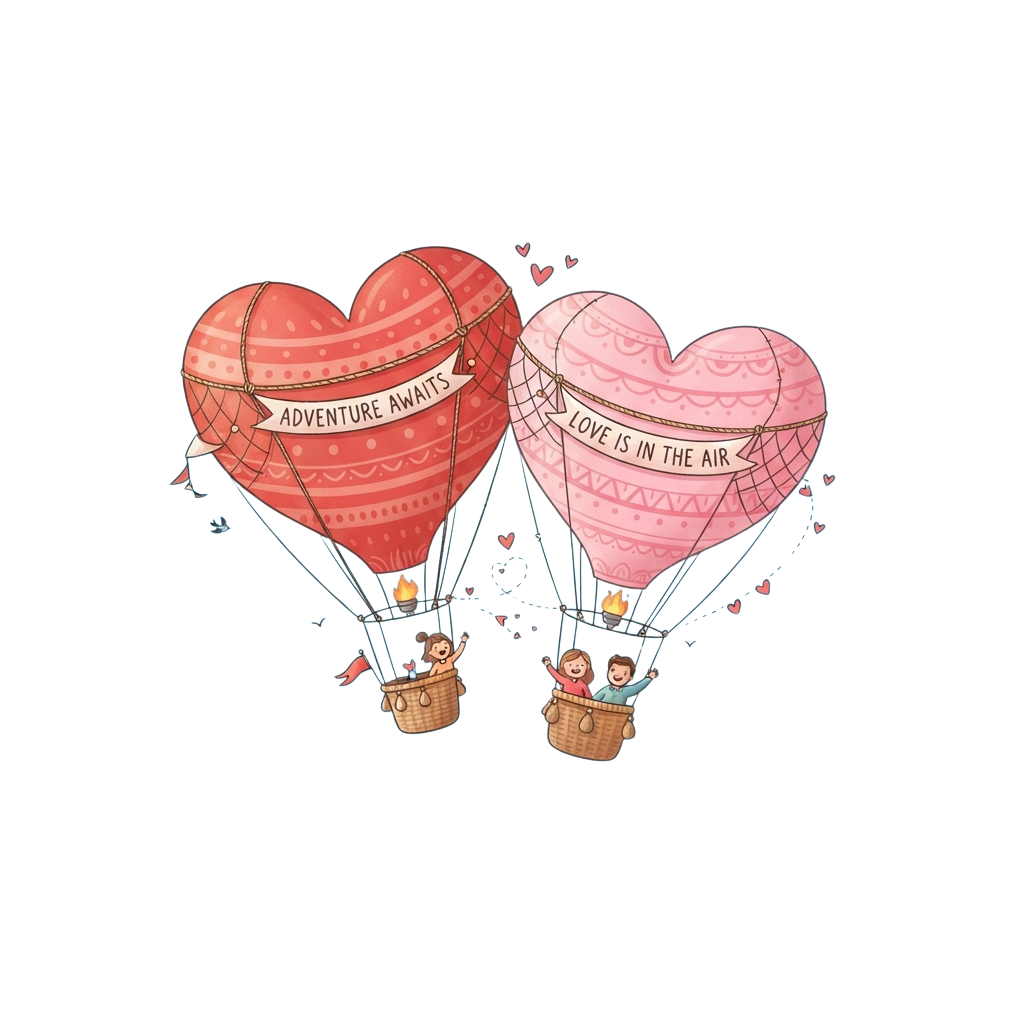 Two heart-shaped balloons floating with baskets containing people, one labeled Adventure Awaits, the other Love Is In The Air