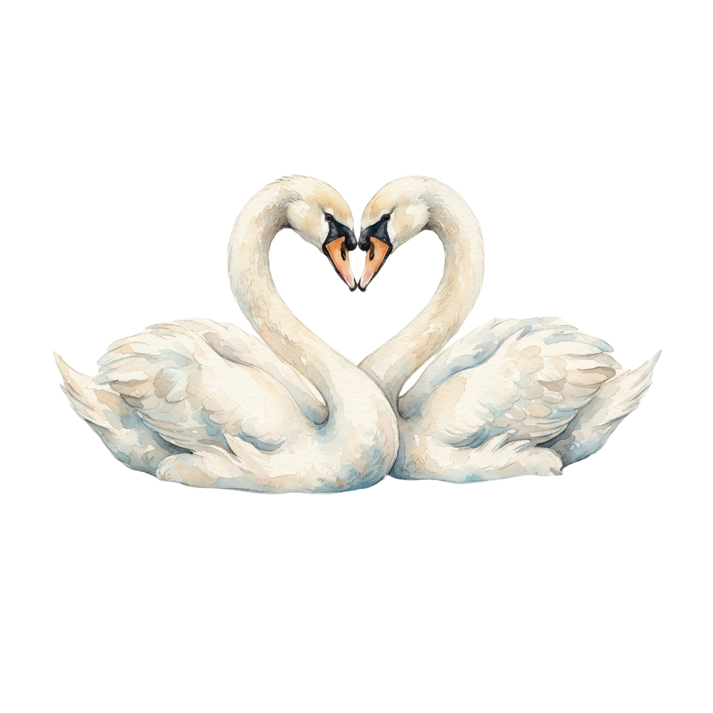 Two white swans facing each other with necks curved into a heart shape against a black background