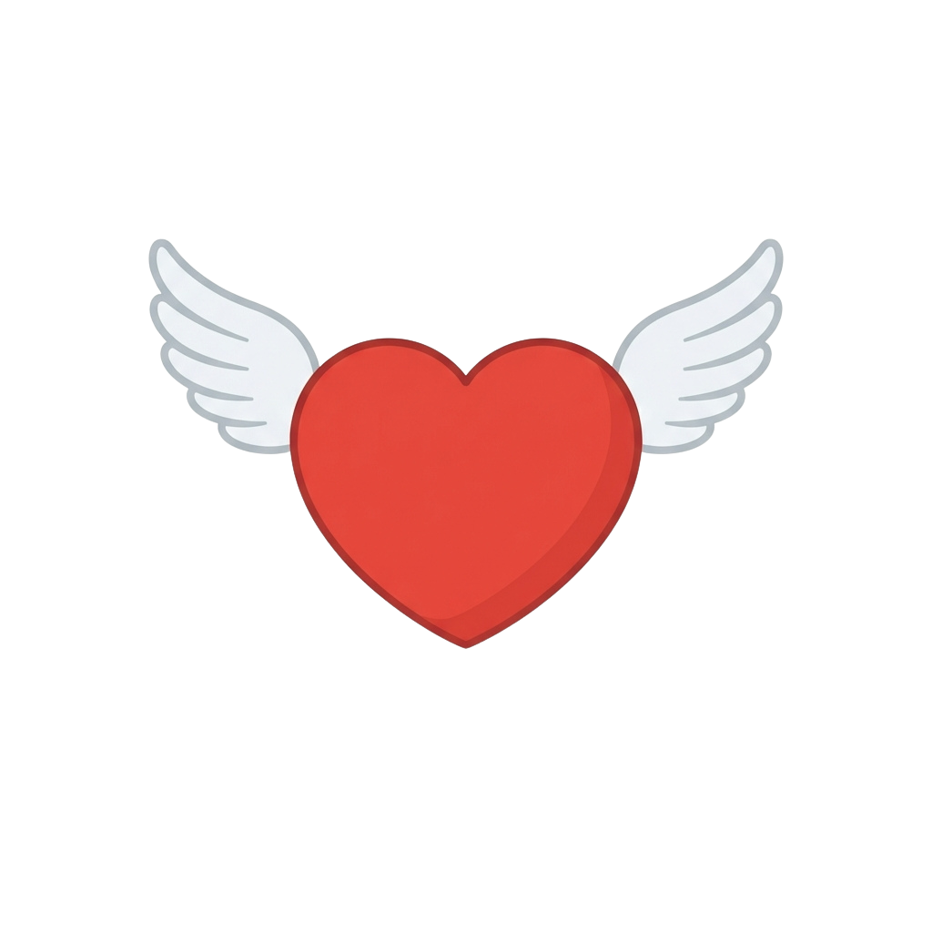 A red heart with white angel wings on both sides against a black background