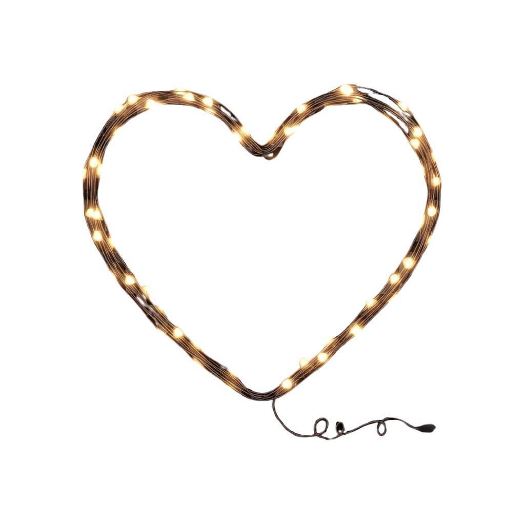 A glowing heart shape made of warm fairy lights against a dark background