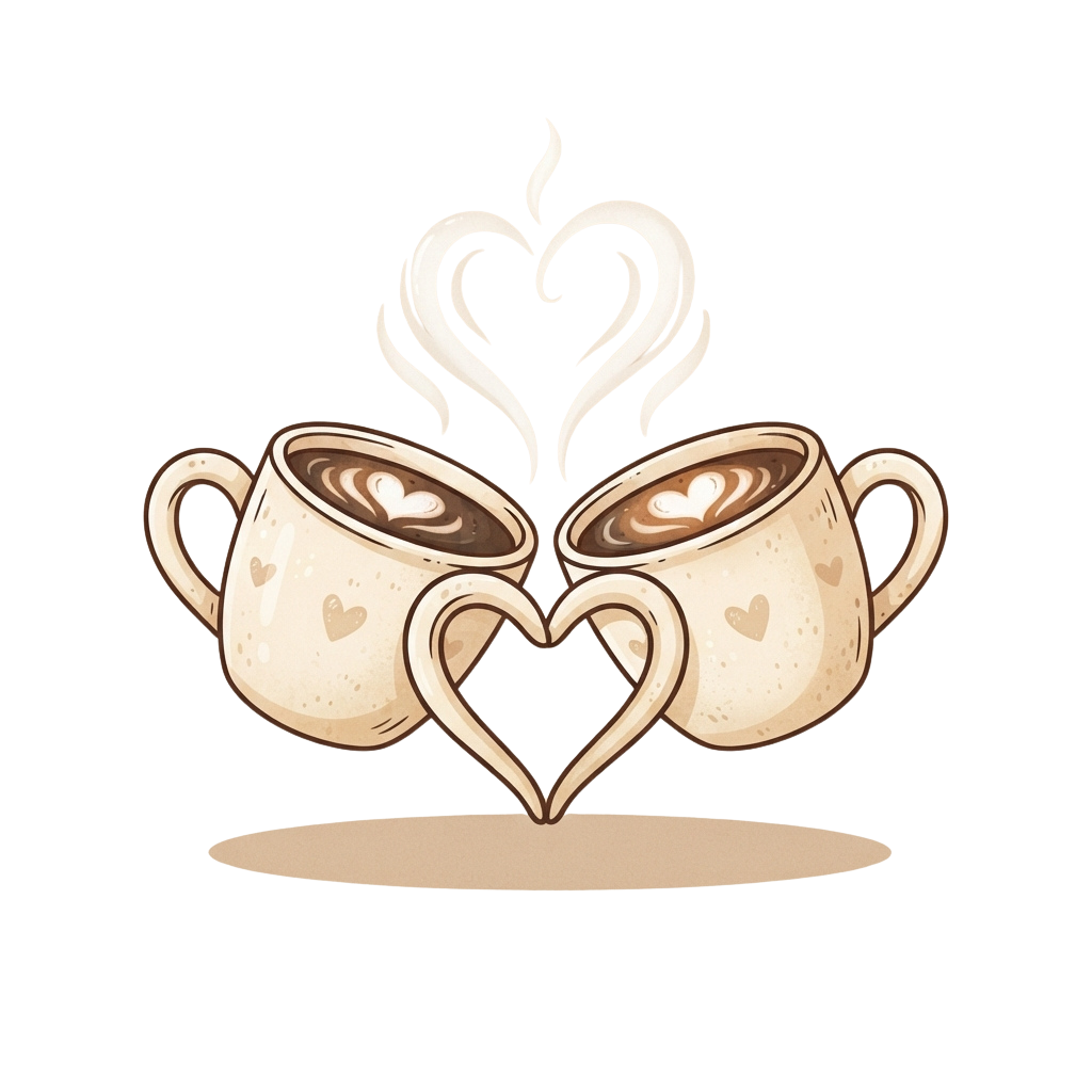 Two coffee mugs with steam rising, forming a heart shape between them