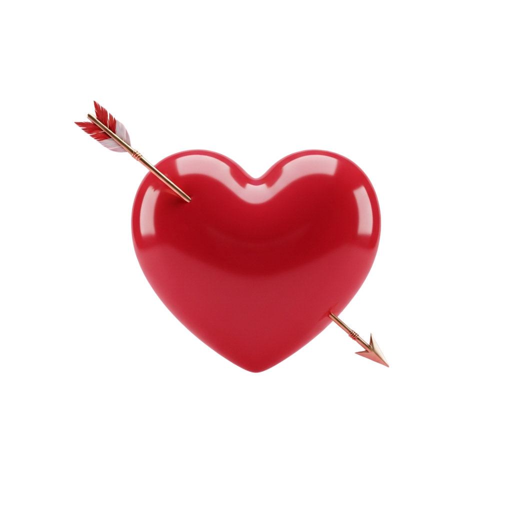 A shiny red heart pierced by a red and white arrow on a black background