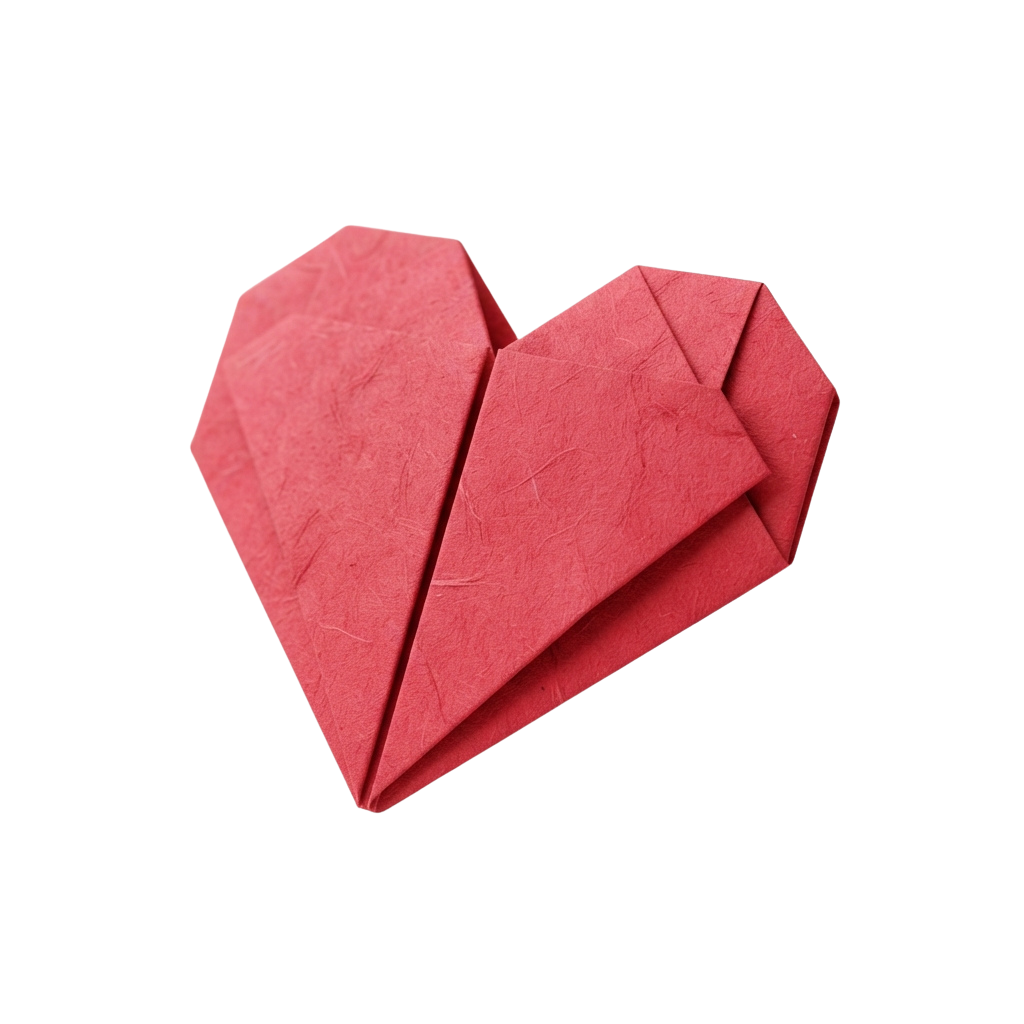 A red origami heart made from folded paper against a black background