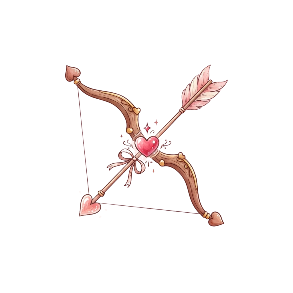 Illustration of a bow and arrow crossed with a decorative heart and bowknot in the center