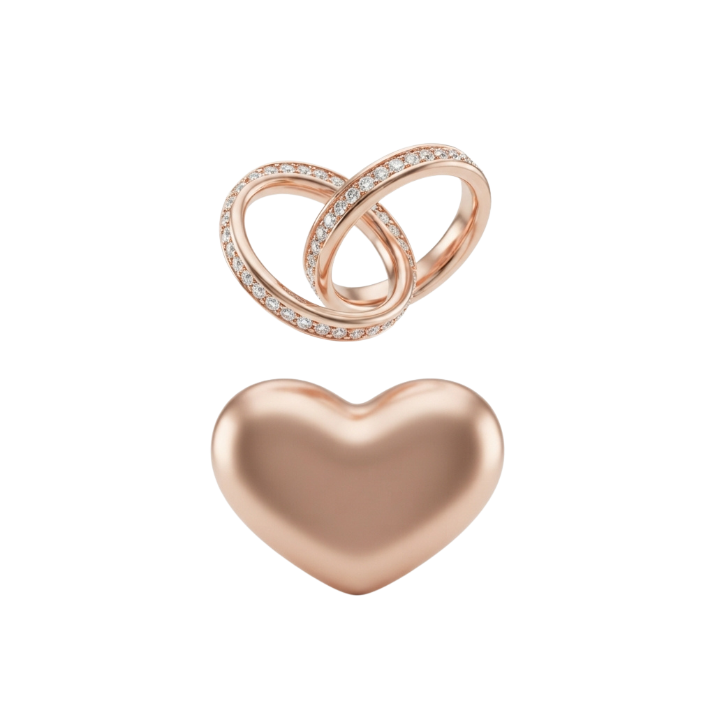Two rose gold infinity rings with small diamonds and a matching rose gold heart pendant on black background