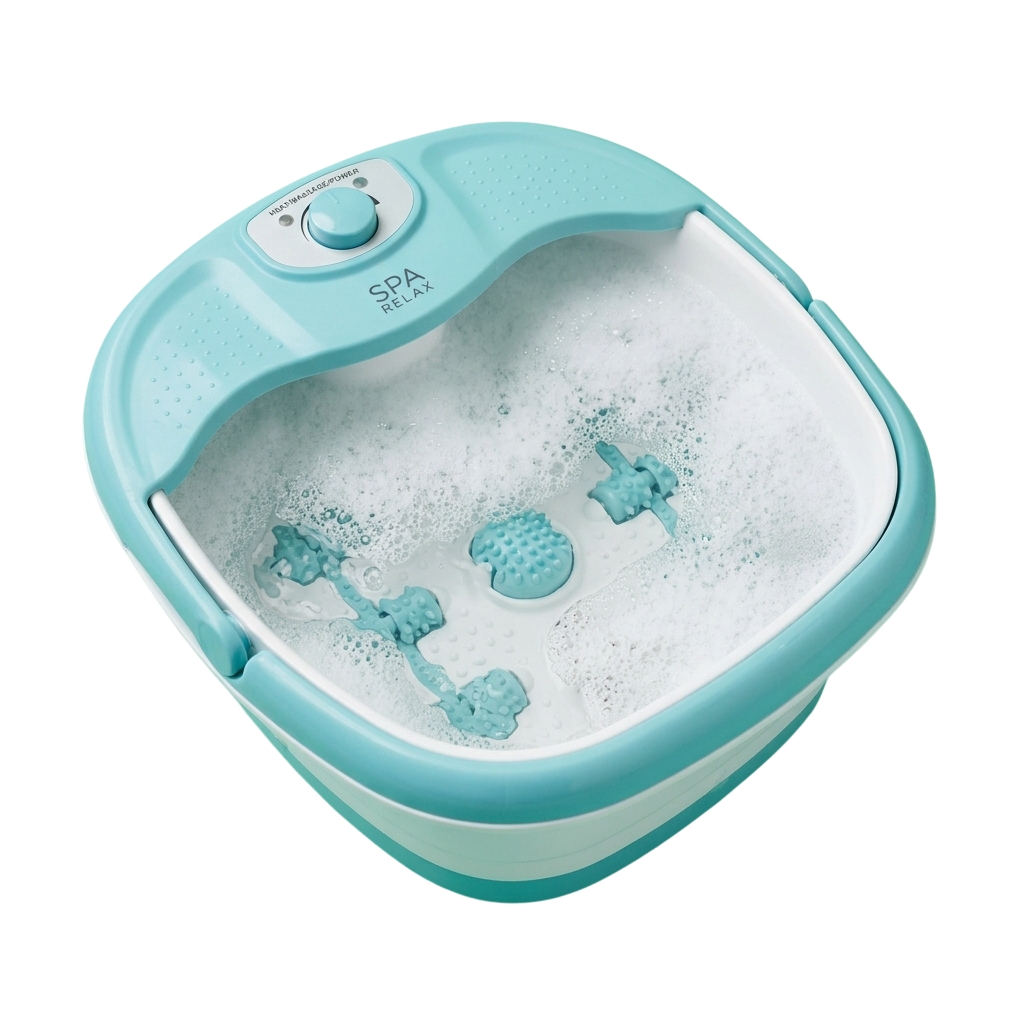 Light blue foot spa with bubbles and massage nodes inside the water
