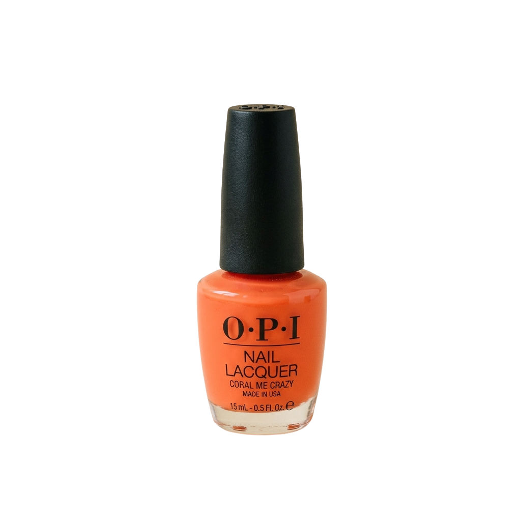 Bottle of bright orange coral nail polish with black cap and label reading OPI Nail Lacquer Coral Me Crazy
