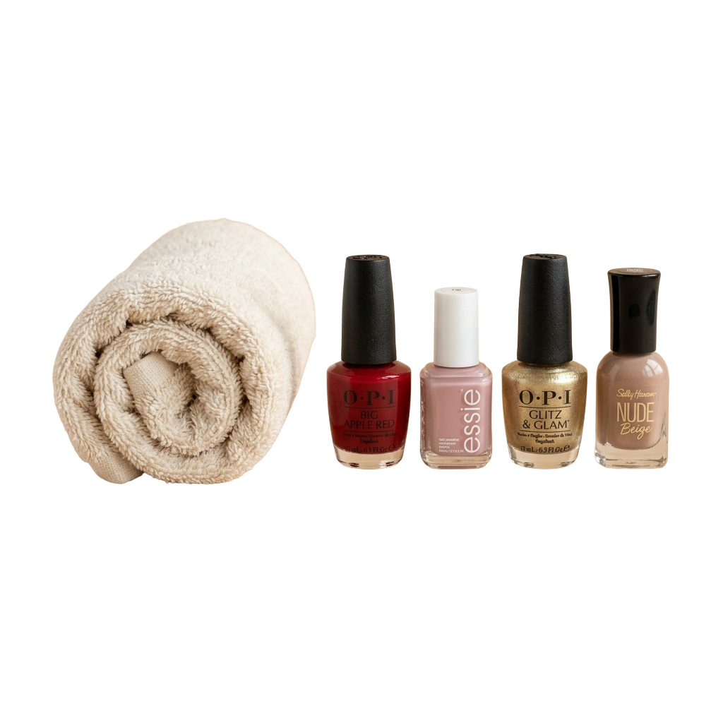 Four nail polish bottles in red, pink, gold, and nude colors with a beige towel.