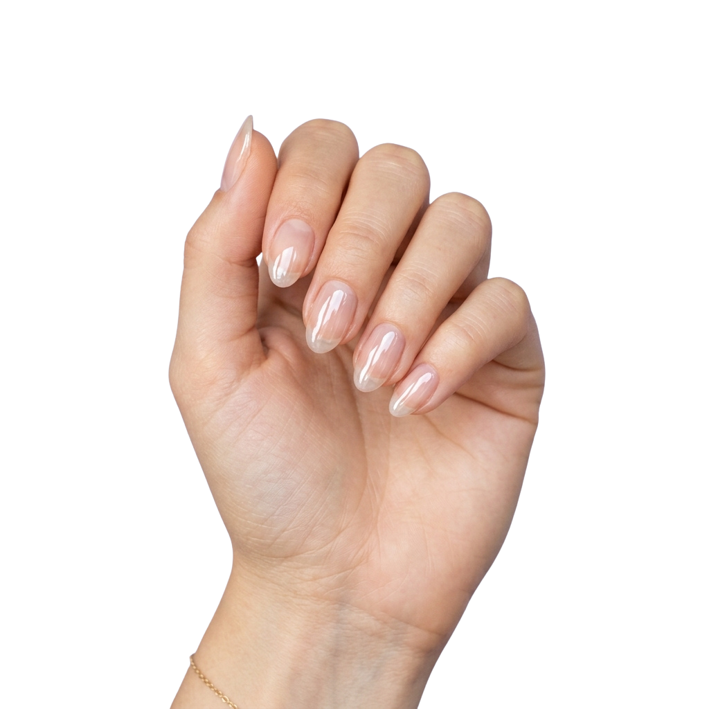 Hand showing five short, almond-shaped, light pink nail polish with a glossy finish