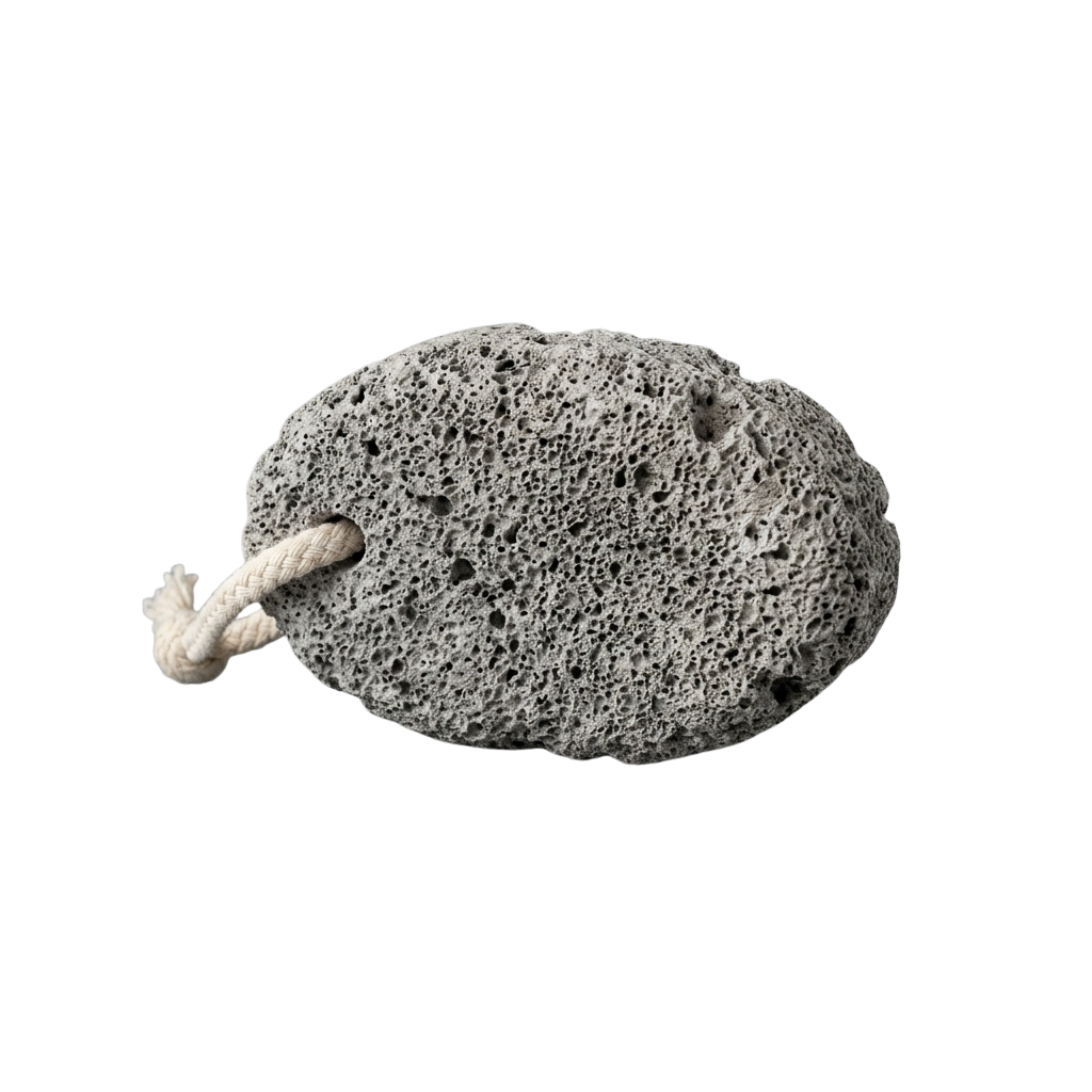 A gray, porous pumice stone with a looped rope handle against a black background