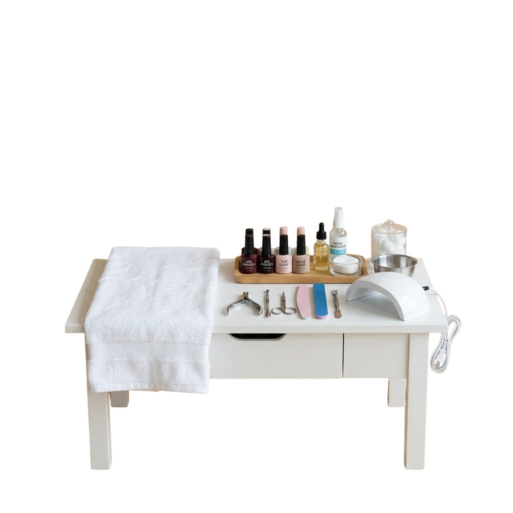 A white nail care station with tools, polish bottles, and a towel on a wooden tray table