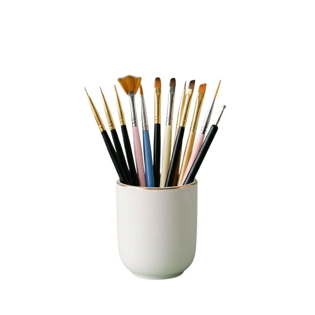 A collection of makeup brushes with various shapes and sizes in a white ceramic cup
