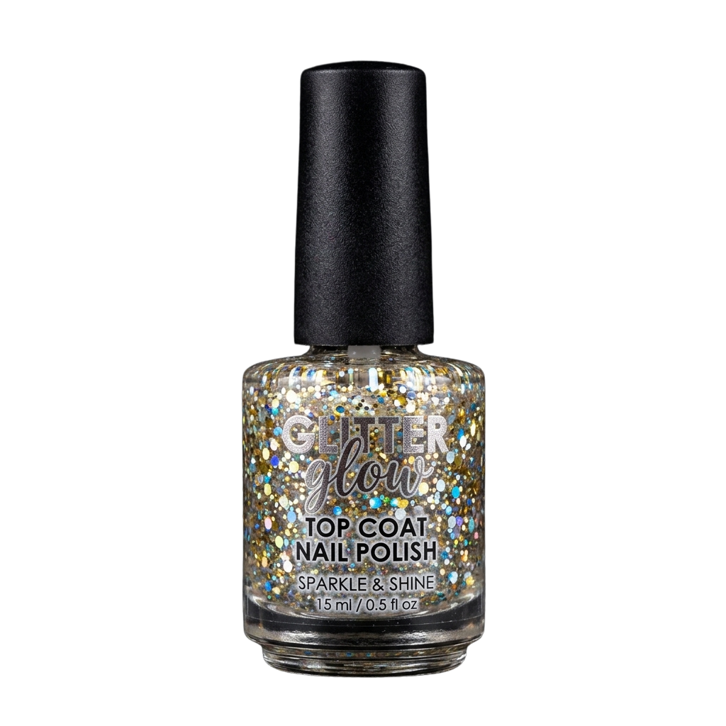 Bottle of glitter nail polish top coat with gold and multicolor sparkles against black background