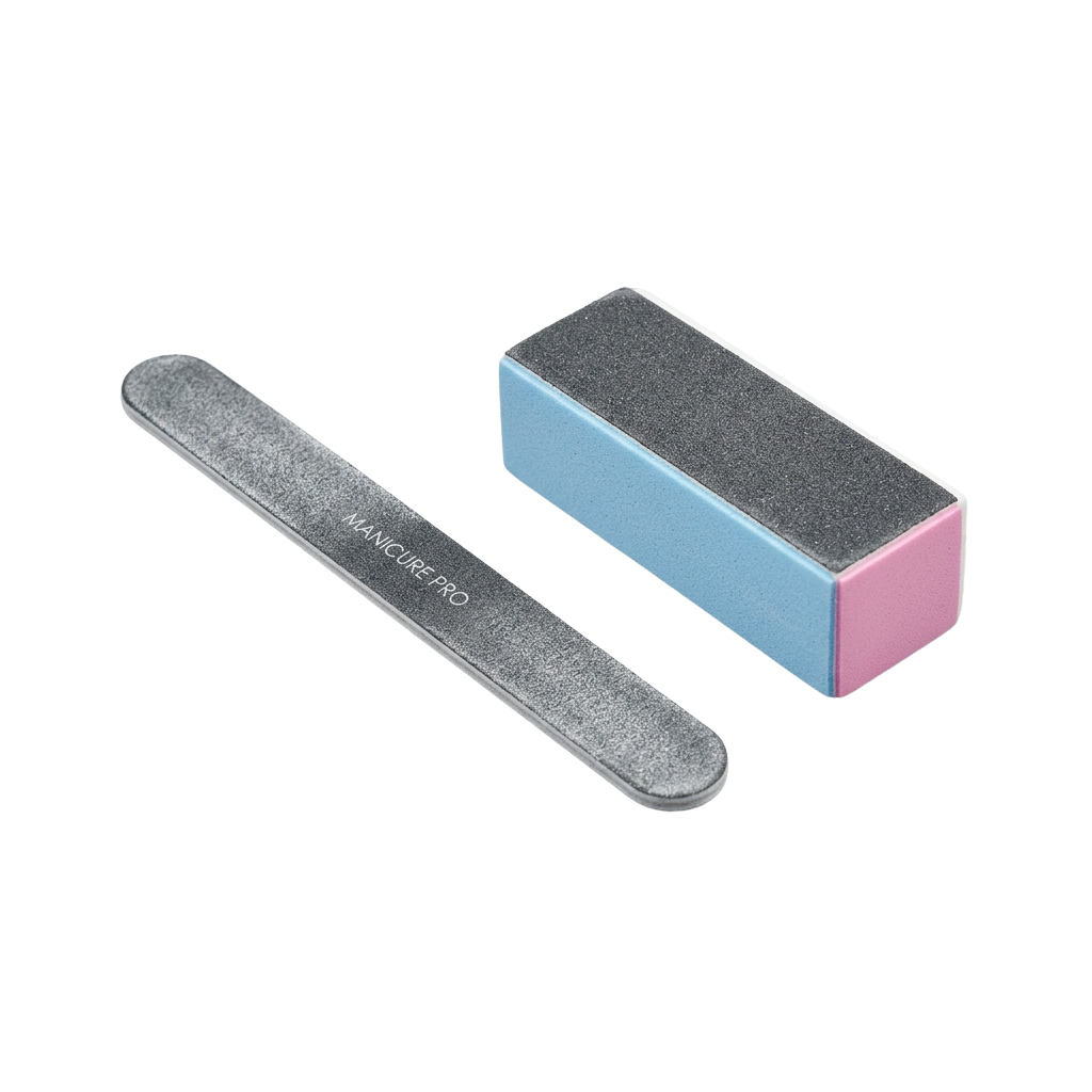 A nail file and buffer tool set with a rectangular buffer block and a curved nail file.