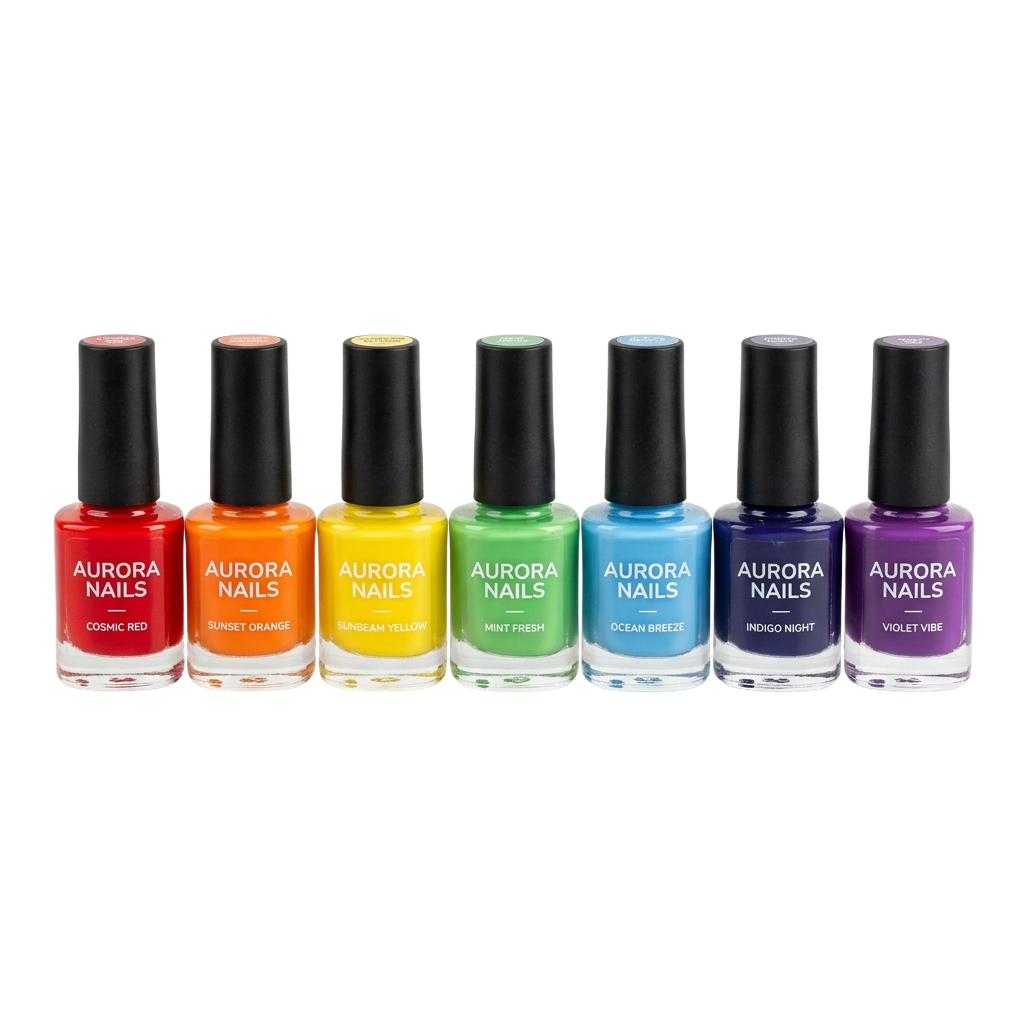 Seven bottles of nail polish in vibrant colors arranged in a row on a black background