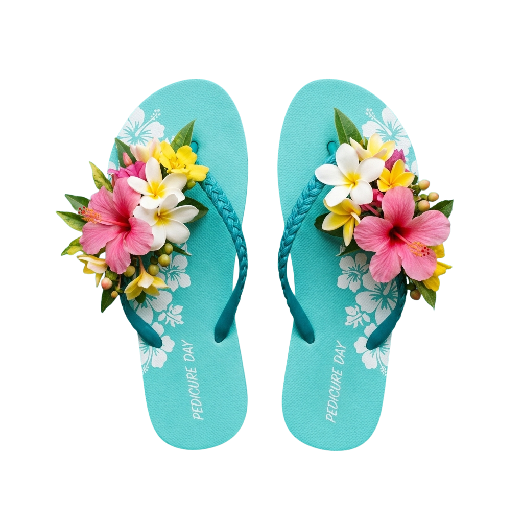 Pair of turquoise flip flops with floral embellishments and Pedicure Day text on straps