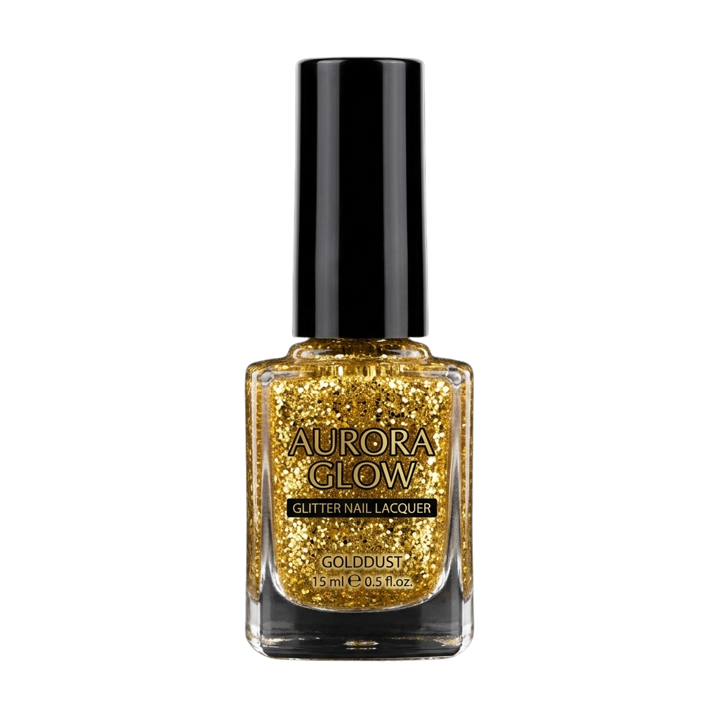 A bottle of glitter nail polish in gold color labeled Aurora Glow Golddust with a clear cap