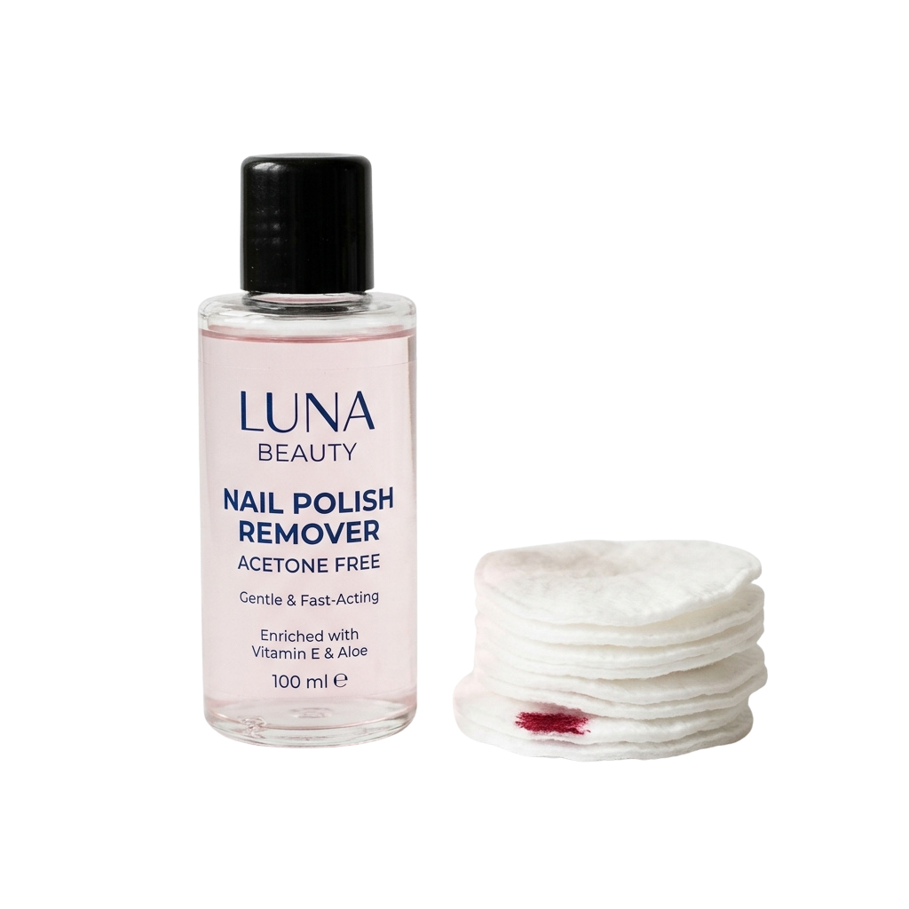 Bottle of acetone-free nail polish remover and stack of cotton pads on black background