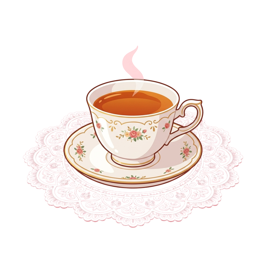 A decorative teacup with floral patterns on a matching saucer and lace doily, emitting steam