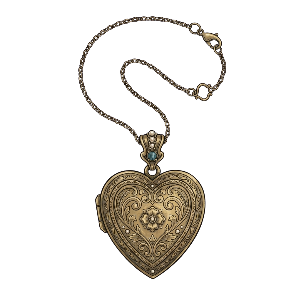 Gold-toned heart-shaped locket necklace with intricate floral engravings and a small turquoise stone clasp