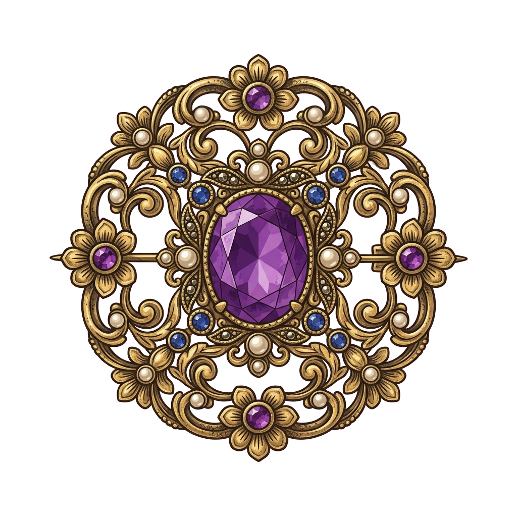 Decorative gold brooch featuring an amethyst center stone surrounded by smaller sapphires and intricate filigree patterns