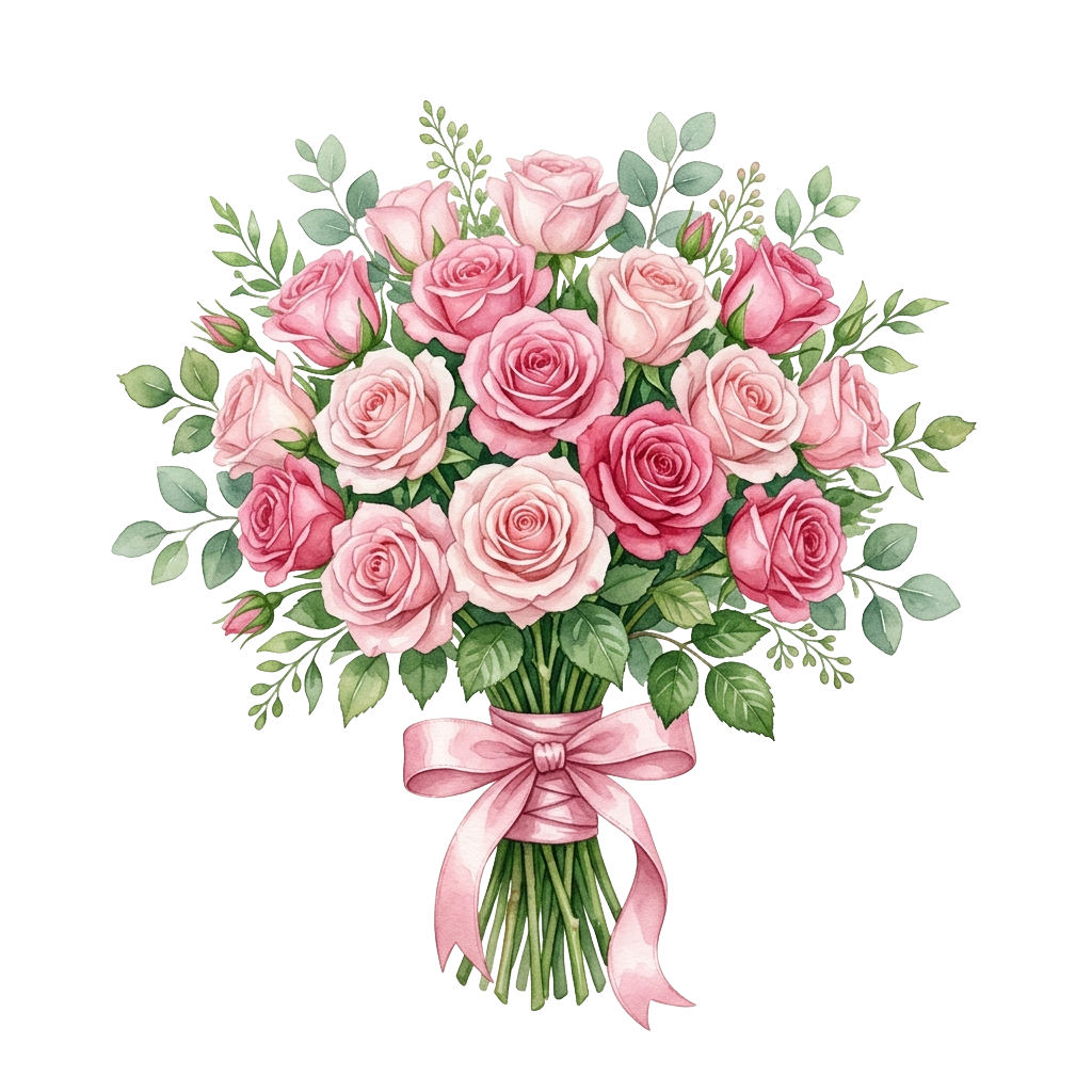 A beautifully arranged bouquet of pink roses tied with a pink ribbon on a black background