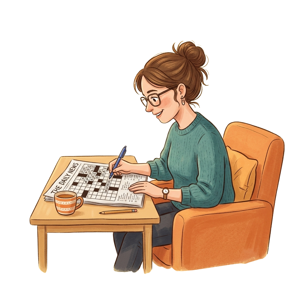 A person with glasses in a green sweater solving a crossword puzzle at a wooden table with a coffee mug nearby