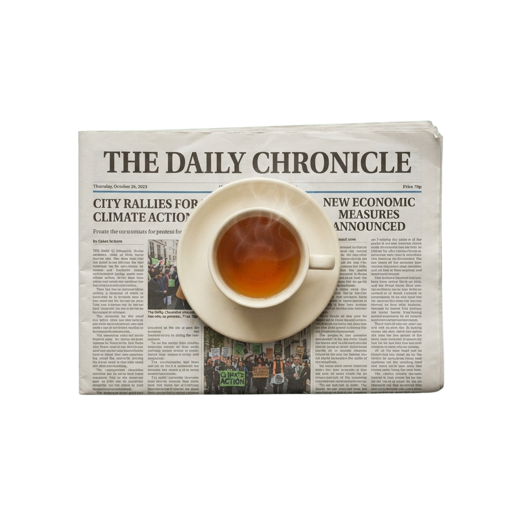 A cup of tea placed over a newspaper with headlines about climate action protests and economic measures