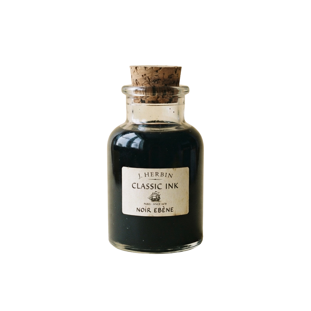 A small glass bottle of dark ink with a cork stopper and a label reading Classic Ink and Noir Ebene